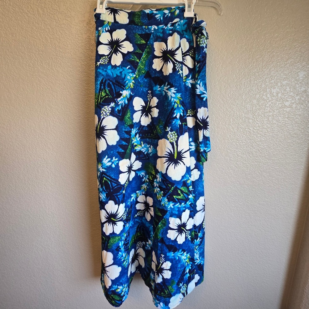 Vintage Tropical Hibiscus Floral Wrap Sarong Skirt Blue White Midi Hawaiian S